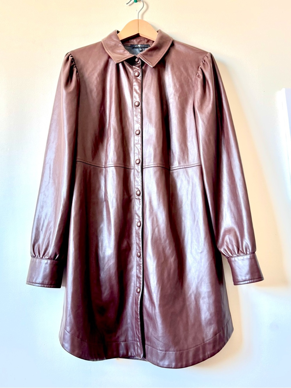 7 For All Mankind Sz L Brown Faux Vegan Leather Puff Sleeve Shirt Dress.